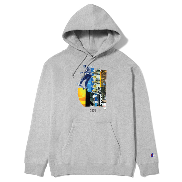 A grey hoodie with an image of a skateboarder on it, perfect for anyone searching for a CLOSER RICK HOODIE GREY or a CLOSER style.