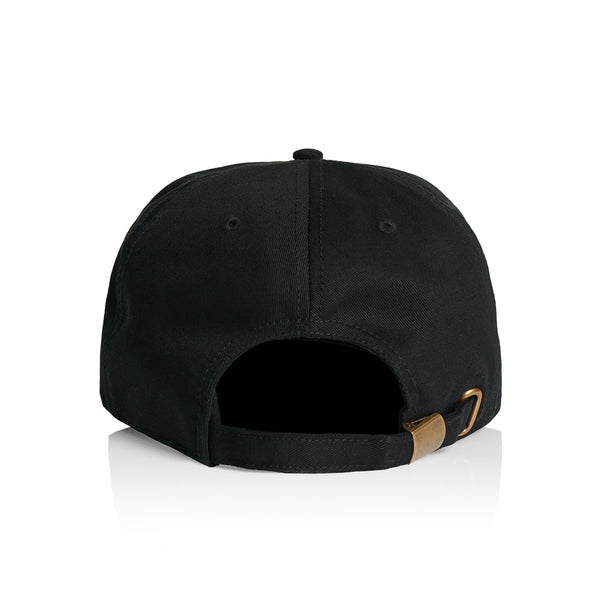 An adjustable BLUETILE HEART OF COLUMBIA PATCH HAT BLACK baseball cap made of cotton, with a gold buckle. (Brand Name: Bluetile Skateboards)