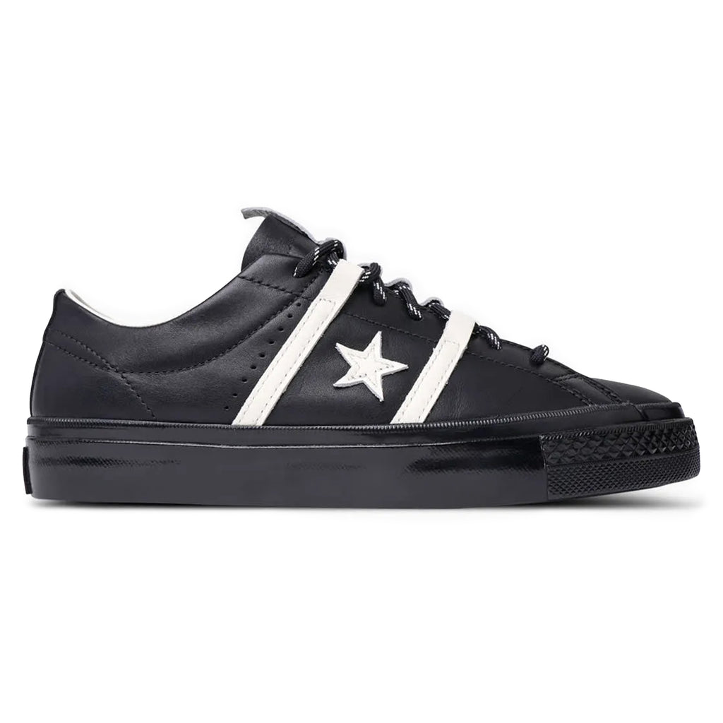 The CONVERSE CONS BOBBY DE KEYZER ONE STAR ACADEMY PRO features Cordura™ fabric for durability, a black sneaker design with a white star logo and stripes, plus black laces and sole. It includes CX cushioning for extra comfort.