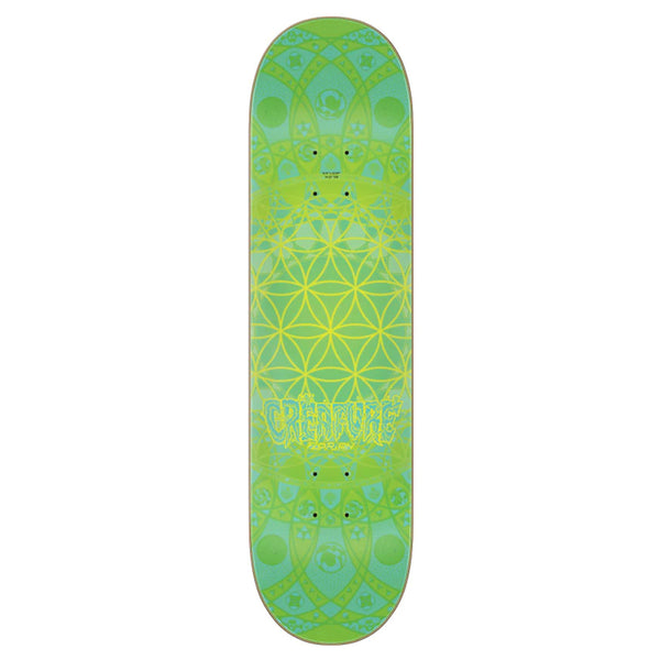 A green CREATURE LOCKWOOD LOST SOUL EVERSLICK skateboard with a flower of life on it.