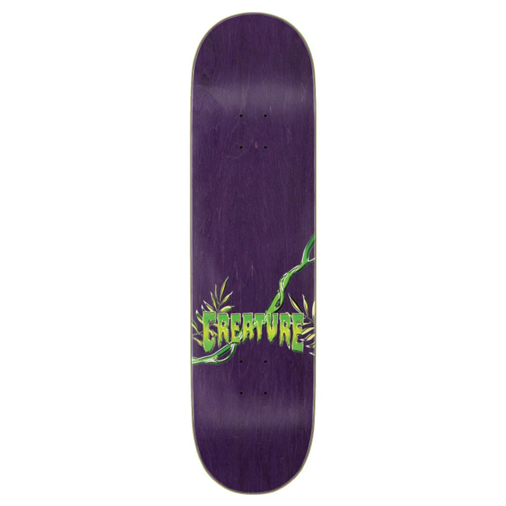 A purple CREATURE PROWLER EVERSLICK skateboard with a green logo on it.