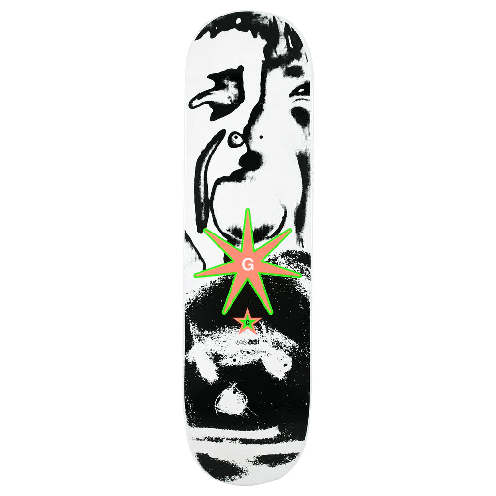 A QUASI skateboard with a face painted on it, featuring a Dick Rizzo Pro Model deck.