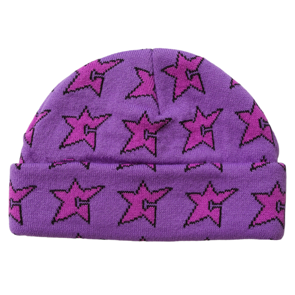 A CARPET C-STAR beanie adorned with pink stars, perfect for adding a touch of celestial style to your wardrobe by Carpet Co.
