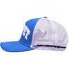 CARPET COWBOY TRUCKER BLUE by Carpet Co. is a blue and white mesh trucker hat featuring the text "CLEMENT COMPAGNONI" and an embroidered silhouette design on the side, reminiscent of a classic gas station hat.