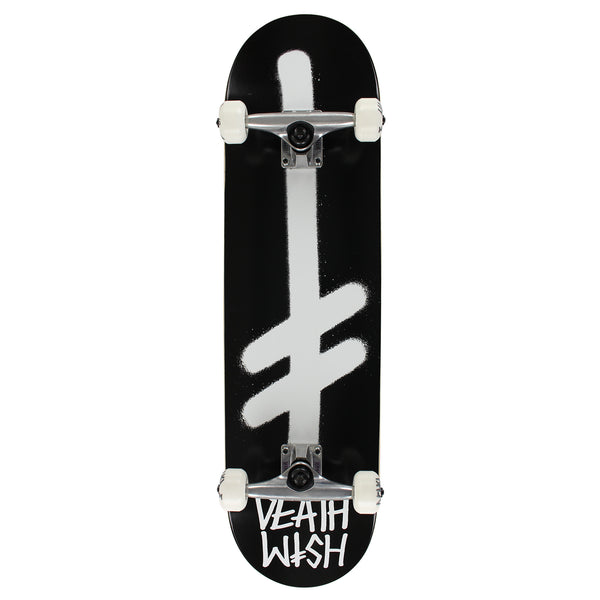 A complete skateboard with a white cross, featuring the DEATHWISH GANG LOGO COMPLETE BLACK/WHITE from the DEATHWISH brand.