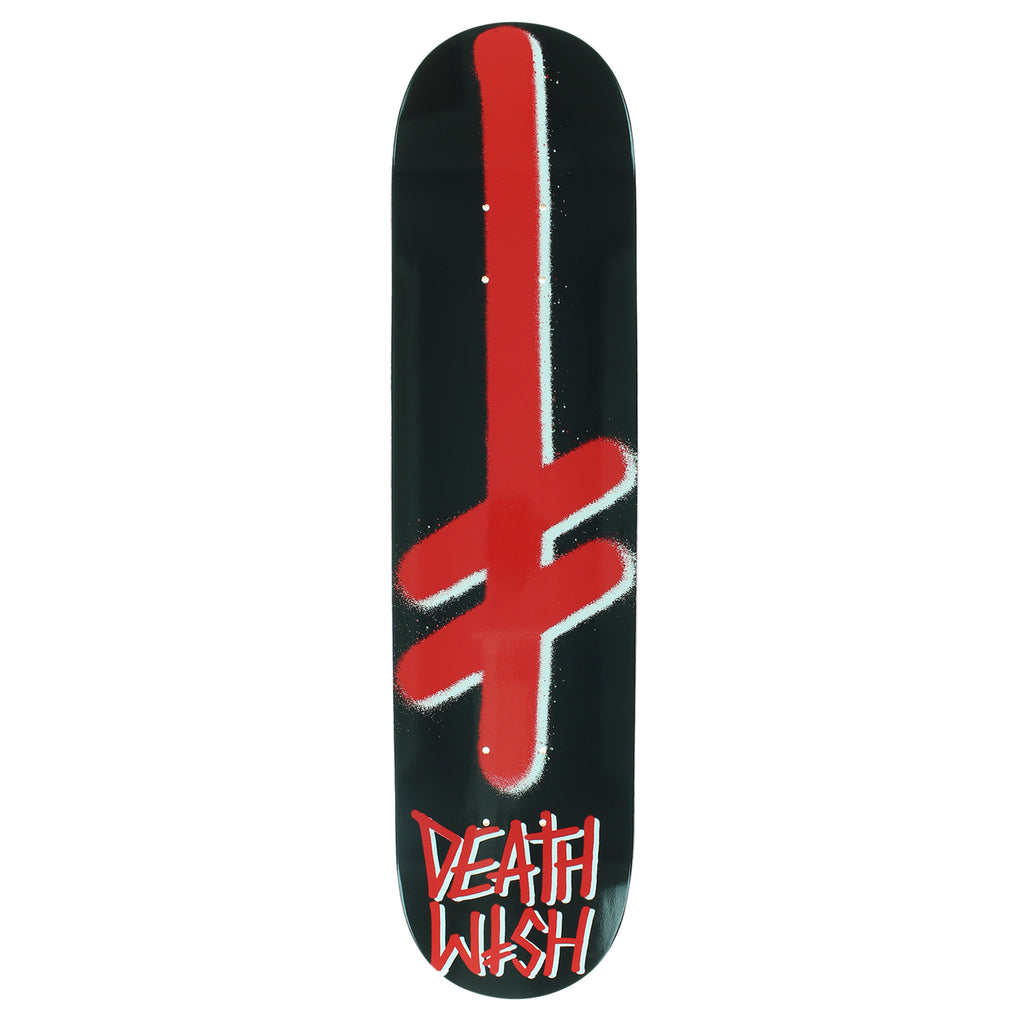 A DEATHWISH GANG LOGO MINI BLACK skateboard with a red cross on it.