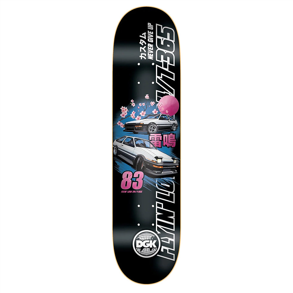 The DGK AKINA PASS skateboard deck by DGK features two cars drifting, cherry blossoms, Japanese text, the number 83, and the phrases "Flyin' Low" and "Never Give Up" on an 8.38-inch board.