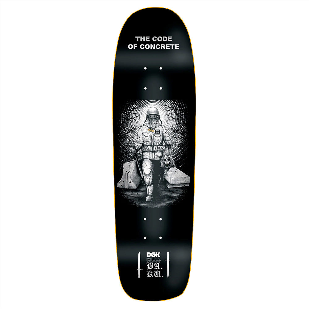 A black DGK X BAKU CRUISER skateboard deck featuring a soldier in protective gear with a skull, AKINA PASS vibes, "THE CODE OF CONCRETE" at the top, and "DGK BAKA" at the bottom. Brand: DGK.