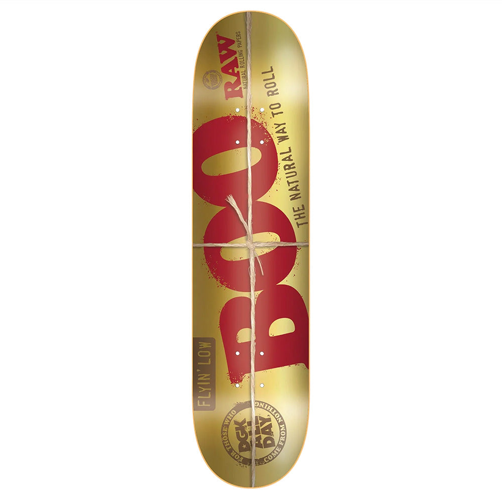 The DGK X RAW BOO V2 GOLD FOIL skateboard deck by DGK features "BOO" in large red letters, "RAW" in smaller red text, and "The Natural Way to Roll" along the side on a gold foil design.