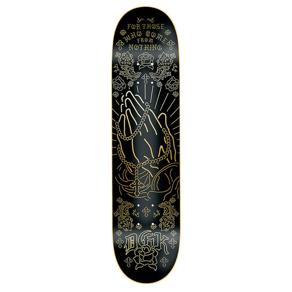 The DGK CONFESSION skateboard deck by DGK, designed by Ortiz Lo-Side, features black and gold artwork of praying hands with a rosary, surrounded by crosses, roses, and the text "FOR THOSE WHO GAVE EVERYTHING FOR NOTHING.