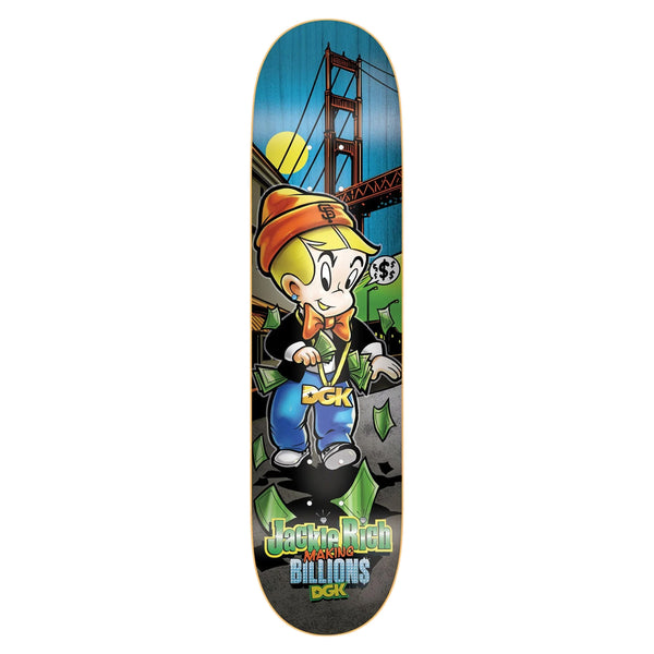 Skateboard deck showcasing a cartoon character in an orange beanie, blue jeans, and a jacket set against a city bridge background. Adorned with "Always Remember Smashing Billions DGK KALIS," the DGK CURTIN BILLIONS is the ideal choice for any HOLESHOT aficionado.