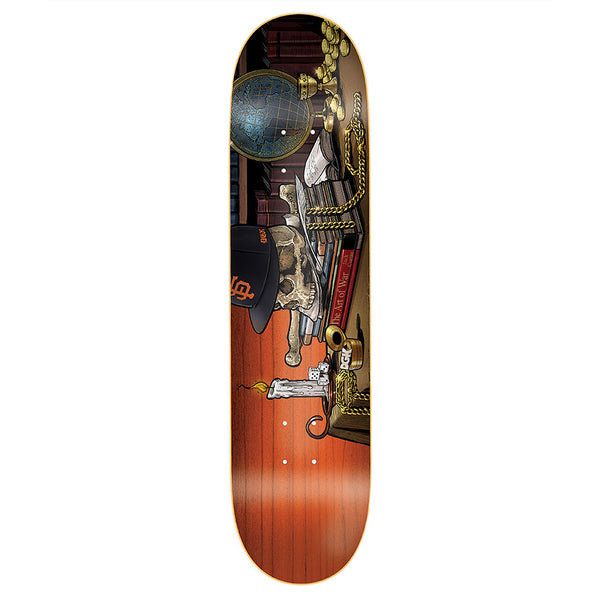 The DGK CURTIN LIFE TWIN TAIL skateboard deck by DGK features a still life graphic with a skull, books, candle, gold chains, globe, and black cap on a wood-grain background.