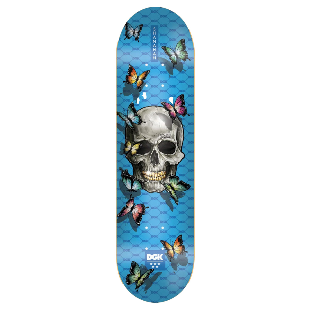 A blue skateboard deck with a skull and butterflies. 