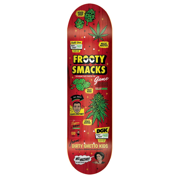 A red stained skateboard with a collage of marijuana and lots of text.