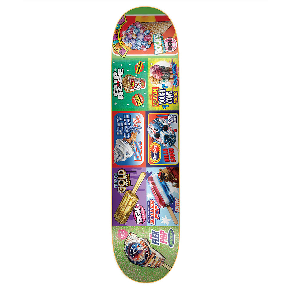 The DGK FROST skateboard deck by DGK has a green background with colorful retro candy and toy graphics in rectangles and is available in an 8.25" width.