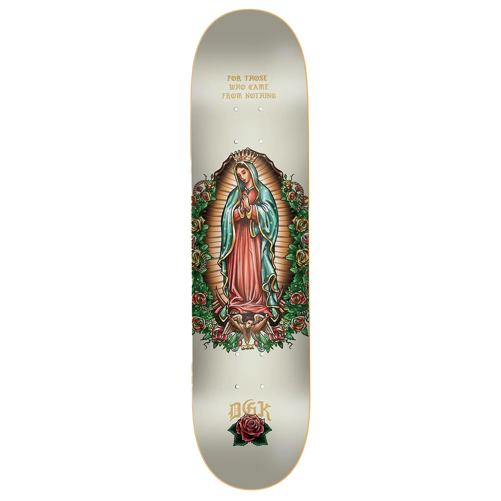 A DGK GRACE CREAM skateboard deck featuring the image of the Virgin of Guadalupe, inspired by DGK.