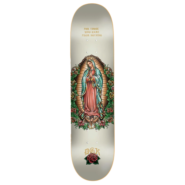 A DGK GRACE CREAM skateboard deck featuring the image of the Virgin of Guadalupe, inspired by DGK.