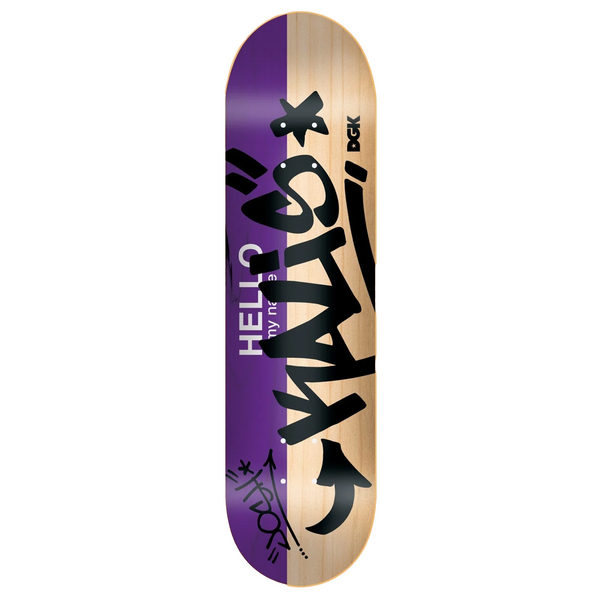 A DGK HELLO MY NAME IS KALIS skateboard featuring the word hello.