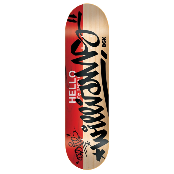 A DGK HELLO MY NAME IS STEVIE skateboard with the word hello on it.