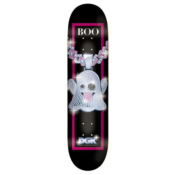 A black skateboard deck with a ghost on a silver chain.