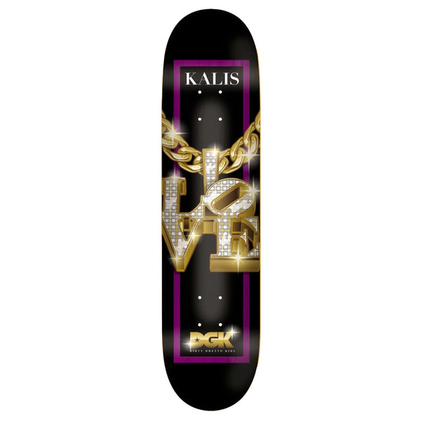 A black skateboard deck with the Philadelphia LOVE jewel on a gold chain.