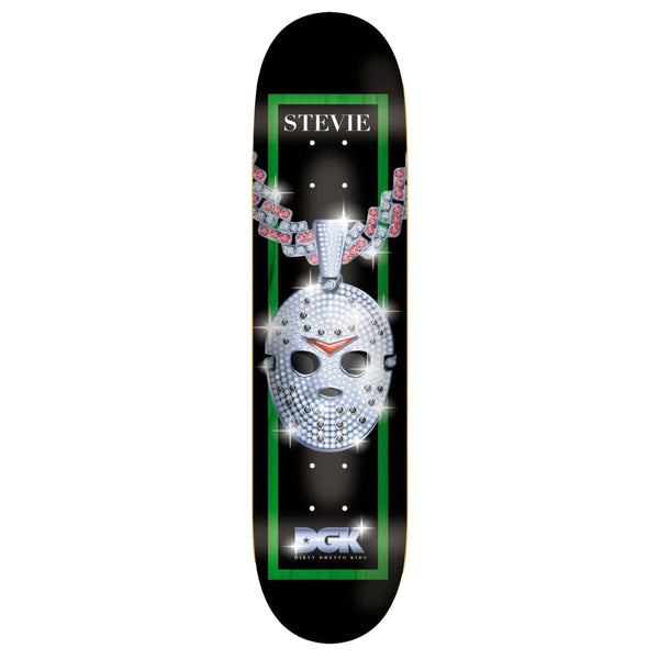 A black skateboard deck with a diamond hockey mask on a silver chain.