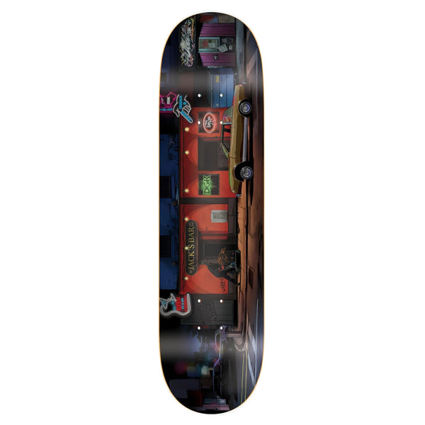 The DGK CURTIN "JACK'S PLACE" skateboard, 8.1" wide, features a nighttime urban scene with neon signs and a Jack's Bar storefront.