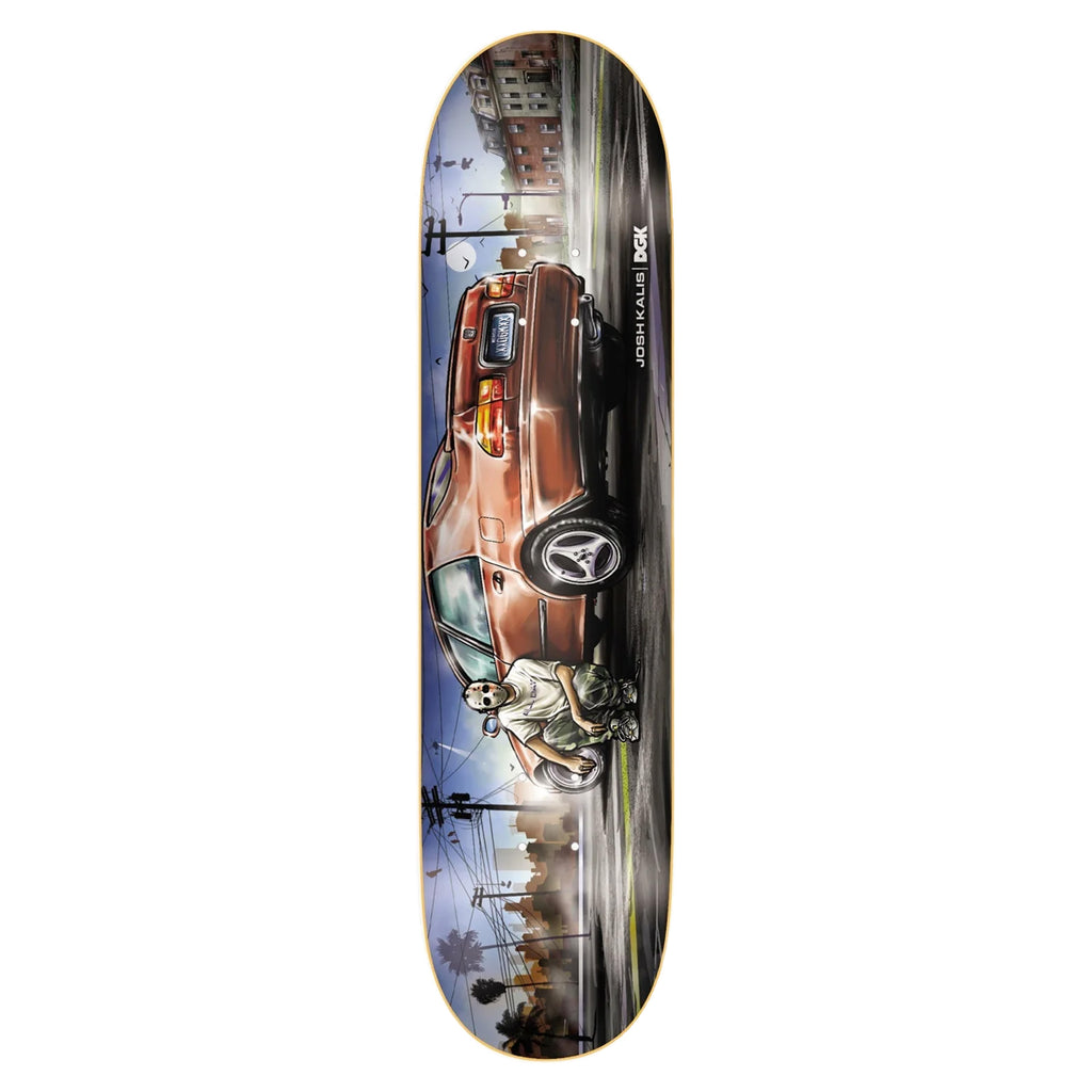 DGK KALIS TRI-SPOKE skateboard deck showcasing artwork of a brown car and a person holding a boom box, set against an urban street scene, embodies the essence of city life.