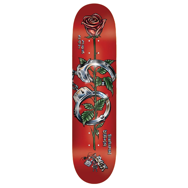 A red DGK skateboard deck with a rose and a Turner Vaughn ring on it.
