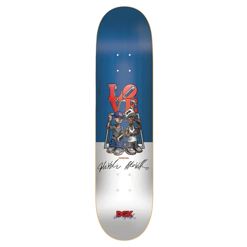 This DGK KALIS WILLIAMS AUTOGRAPHED LOVE FOREVER skateboard features a blue and white design with two characters under a large red "LOVE" text, signed by the artist. It captures the magic of sunset twilight and proudly displays the DGK logo at the bottom.