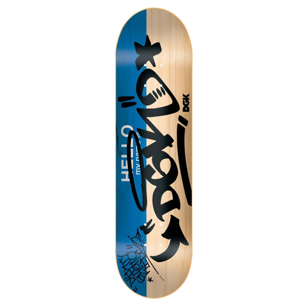 A DGK skateboard with the word "hello" on it.