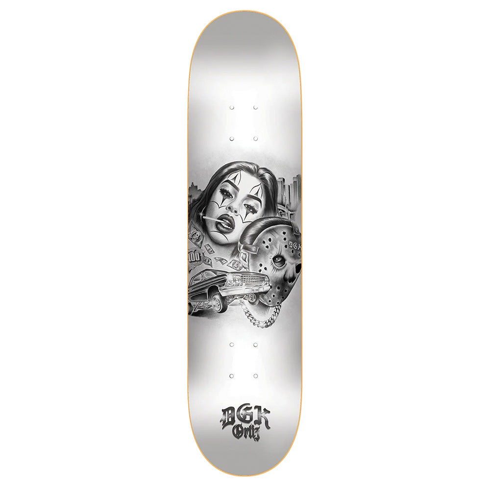 The DGK ORTIZ AVENUE skateboard deck by DGK features black and white art of a woman's face, hockey mask, cityscape, chain, and "DGK One" text at the bottom. Width: 8.25".