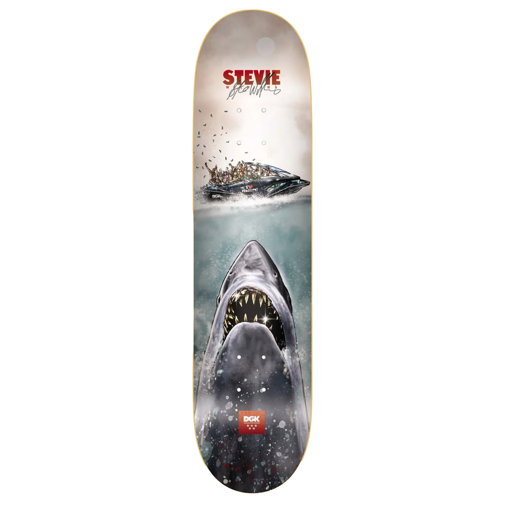 A skateboard deck with a Shark about to eat a boat on it.