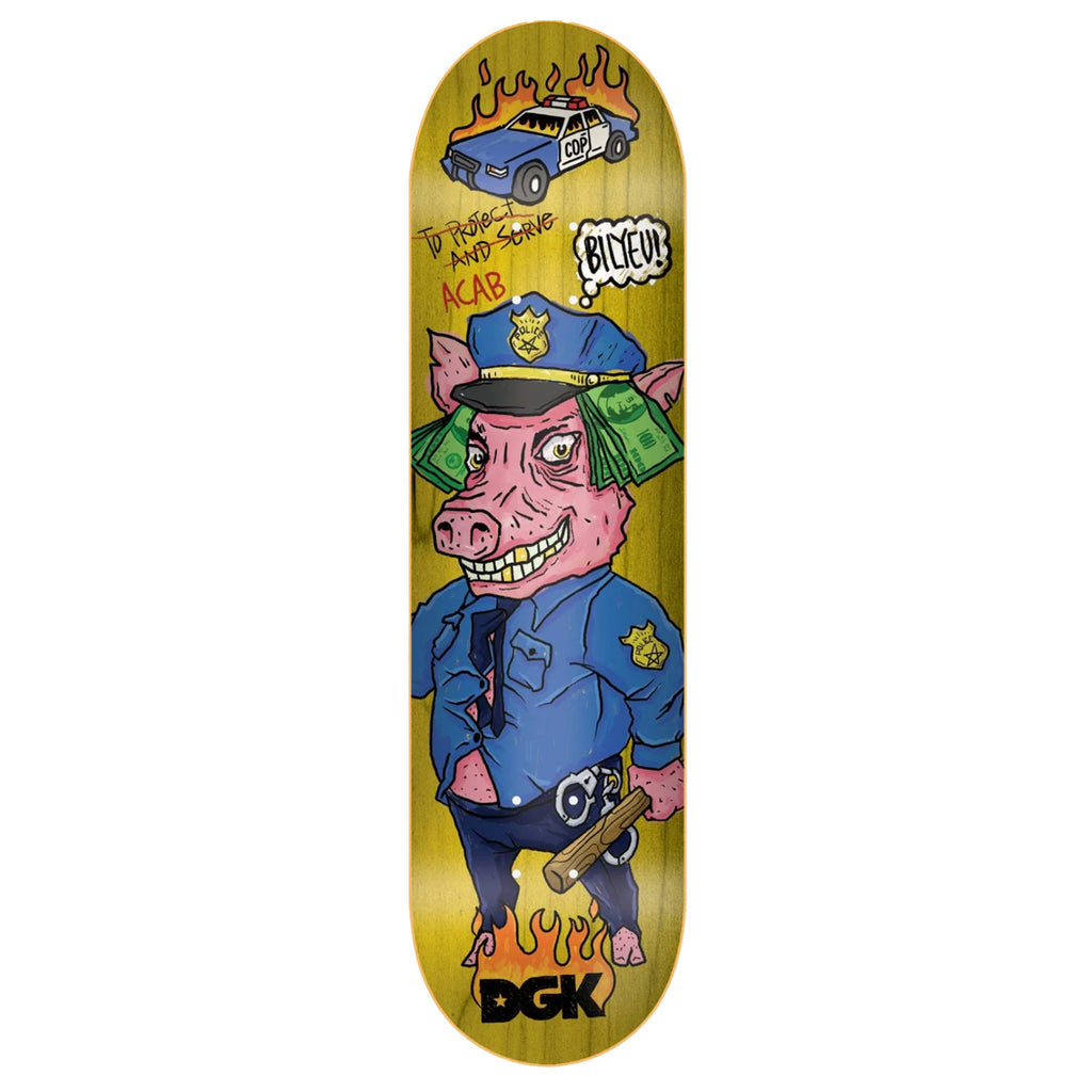 A yellow stained skateboard deck with a drawing of a pig in a cop outfit.