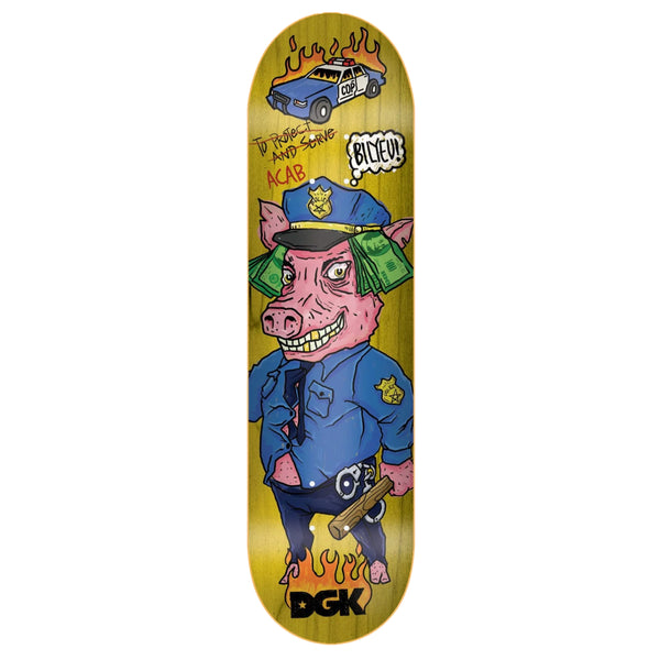 A yellow stained skateboard deck with a drawing of a pig in a cop outfit.