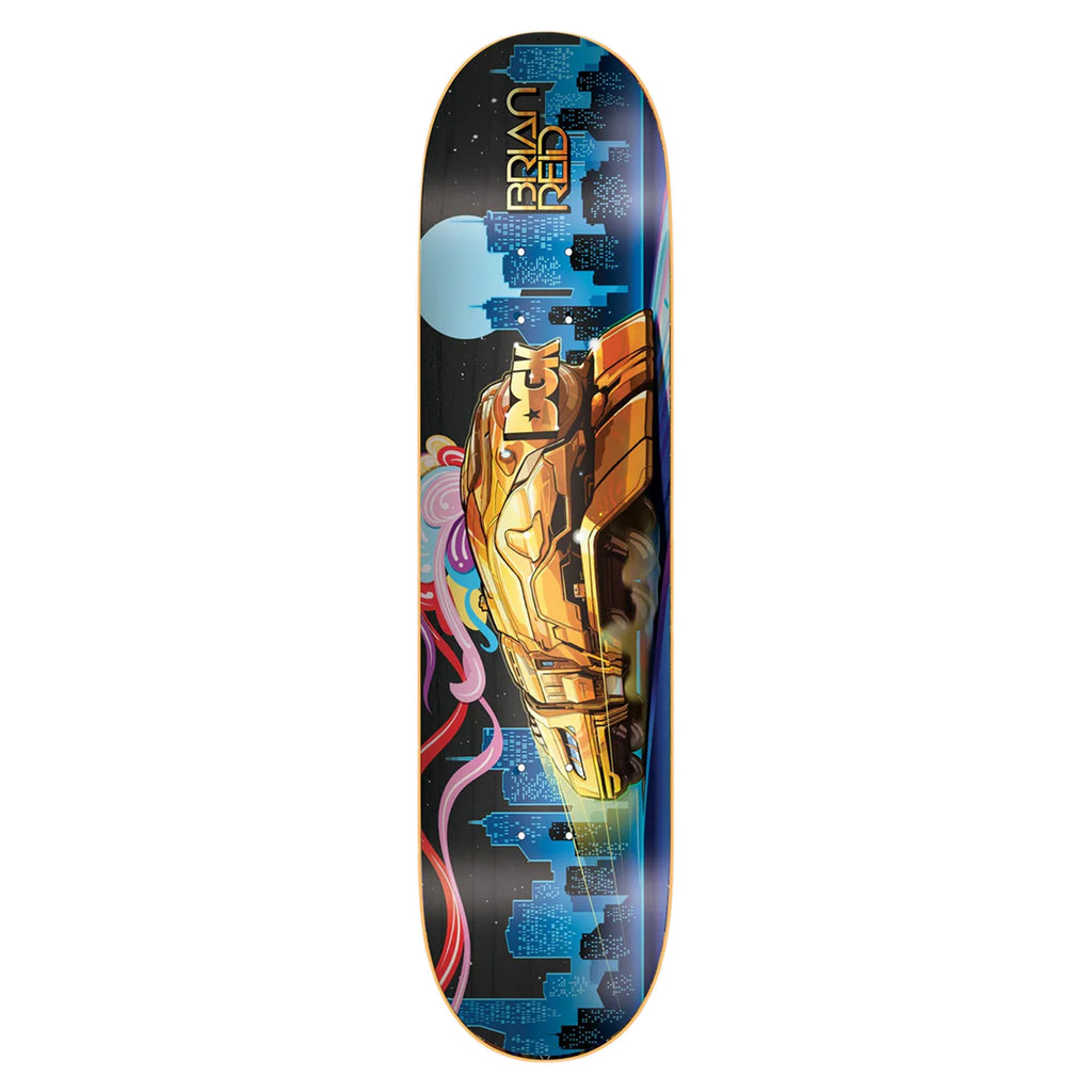 The DGK REID ALL ABOARD skateboard deck, measuring 8.06 inches, showcases a vibrant cityscape with a golden vehicle set against a dark background, capturing the distinctive bold style of DGK.