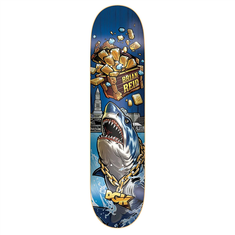 The DGK REID TREASURES skateboard deck by DGK features a blue design with an illustrated shark wearing a gold chain, leaping toward gold bars and a "Brian Reid" case, set against city buildings for true thrift vibes.