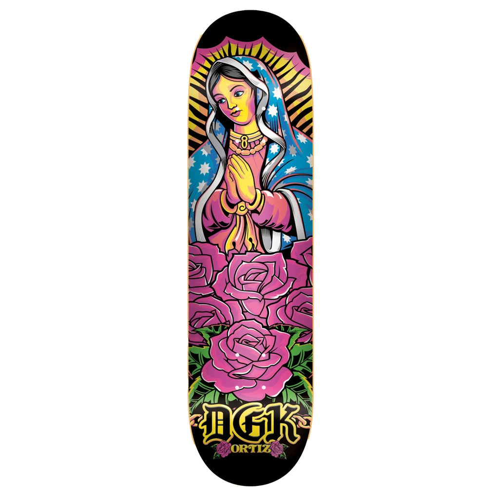 A colorful skateboard deck with roses and a woman on it.