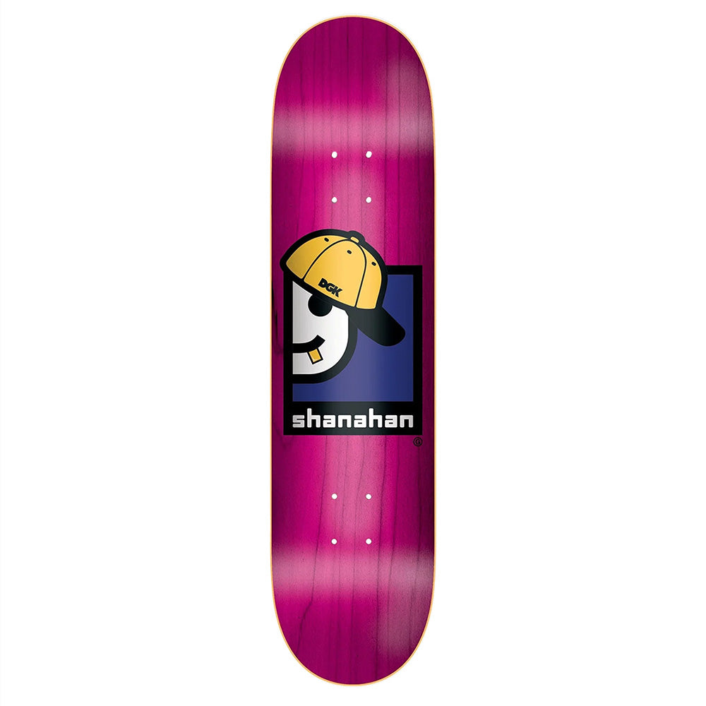 A purple DGK SHANAHAN THRIFT skateboard deck features a yellow cap graphic over a square logo with "shanahan" at the bottom, inspired by DGK Ortiz Avenue.