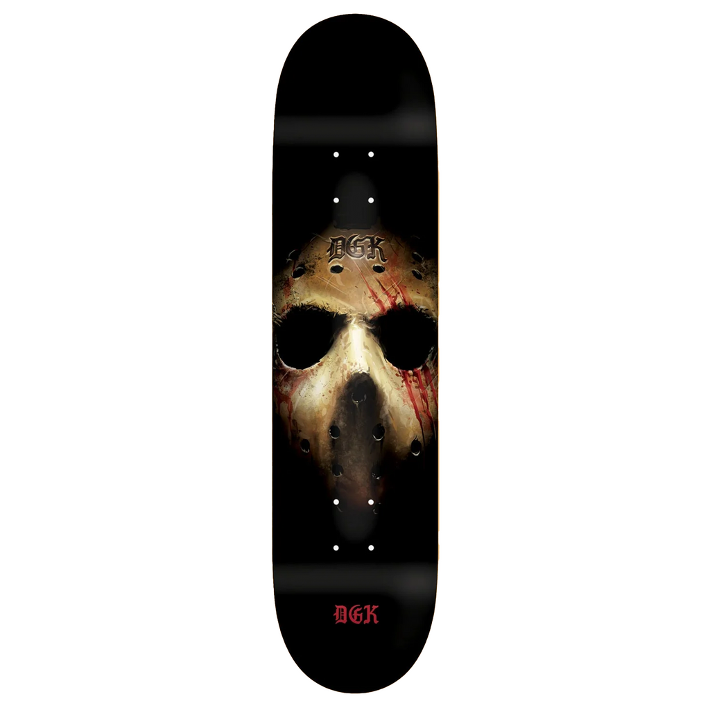 A black DGK SLASHER skateboard with a skull on it, adorned with a FOREST motif.