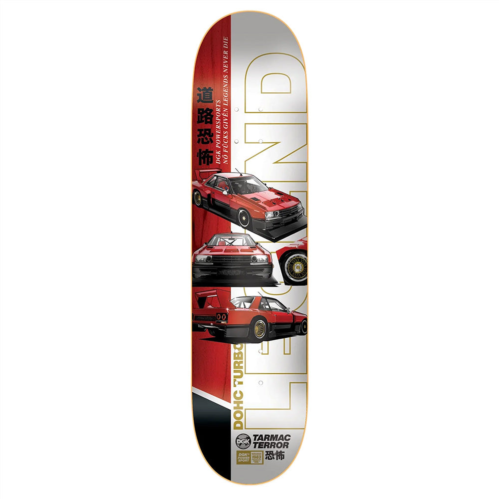 The DGK TARMAC TERROR skate deck by DGK showcases a red car from various angles, bold “LEGEND” and “DOHC TURBO” text, logos, and Japanese characters on a vivid red and black backdrop. Check skateboard dimensions for the perfect fit.
