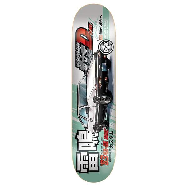 A skateboard deck with a car and Japanese writing.