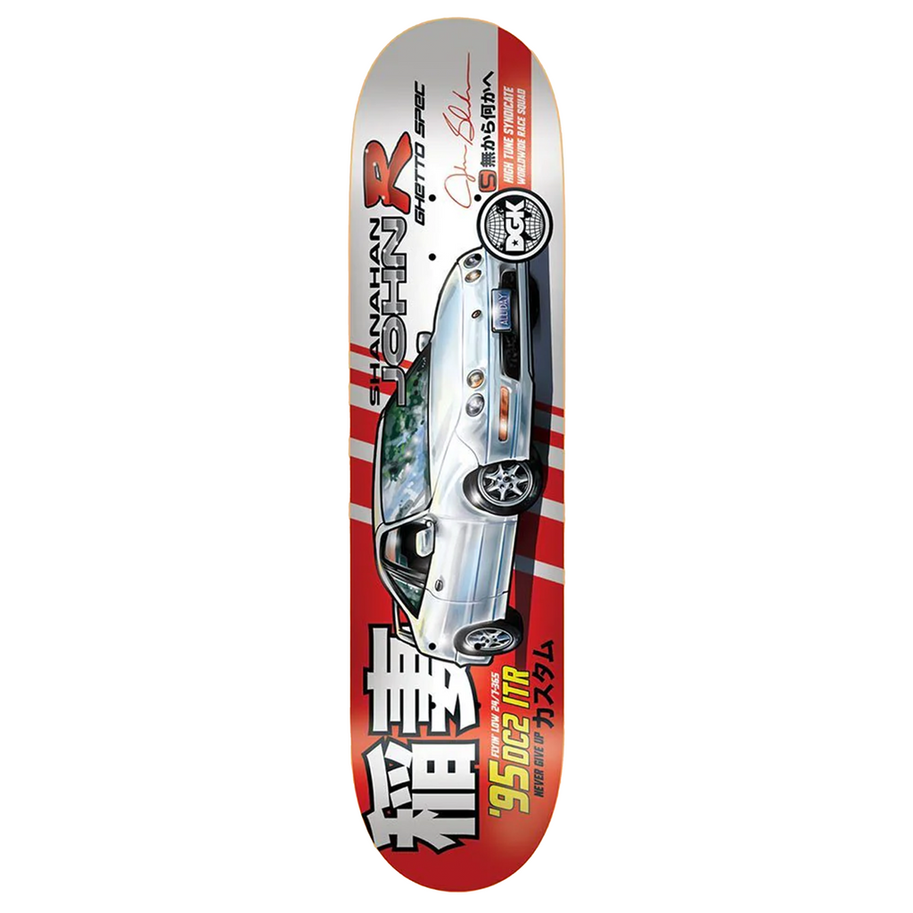 A DGK TURNER SHANAHAN skateboard featuring an image of a car, with dimensions in 8.25 inches.