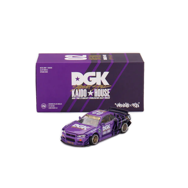 A purple model race car is showcased in front of its matching purple and black "DGK x KAIDO HOUSE DIECAST MODEL" box, echoing the bold flavors found in BAKER's innovative designs.