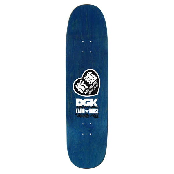 The DGK X Kaido House Konbini Holographic skateboard boasts a vibrant multicolor design with a blue maple wood deck, white graphics, and the text "DGK" and "Kaido House" on the underside.