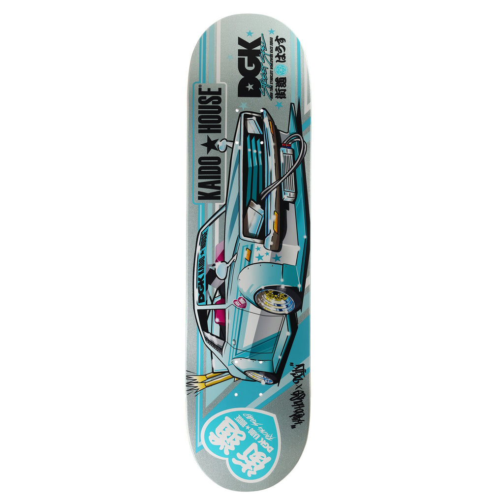 DGK's Roulette Racer skateboard deck, known as the DGK X Kaido House Zokusha Rainbow Glitter, features a stylized blue car design with Japanese text and logos on a silver glitter backdrop.