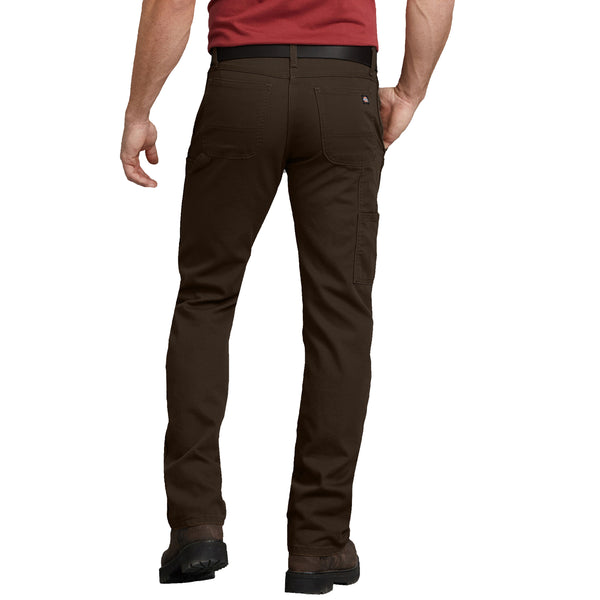 A man in DICKIES REGULAR FIT DUCK CARPENTER PANT CHOCOLATE BROWN and a red shirt, seen from behind.
