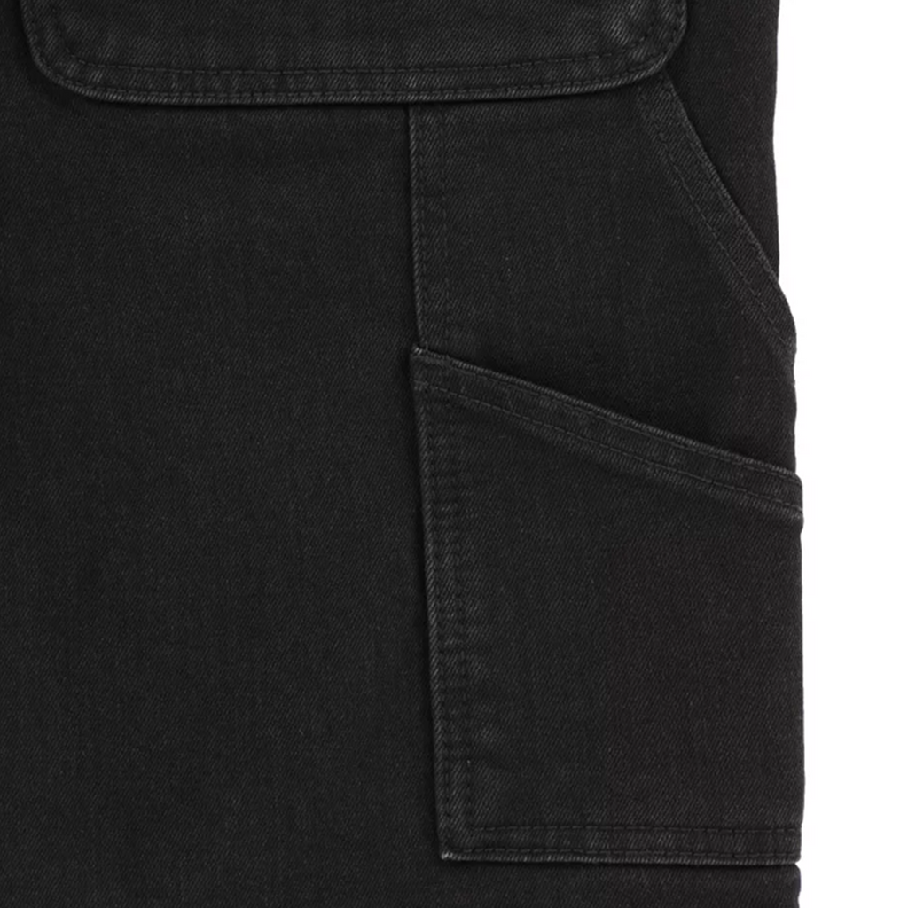 A pair of black Dickies Skateboard Denim Carpenter Shorts with pockets on the side.