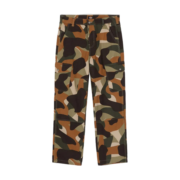 The DICKIES CAMO PRINT DUCK CARGO PANT in Imperial Green features multiple pockets, belt loops, and reinforced knees for enhanced durability.