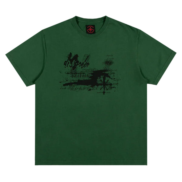 A Disorder vintage green t-shirt with a black drawing on it.